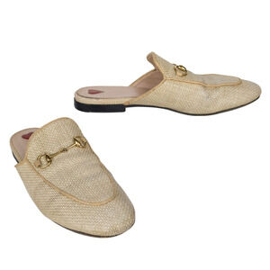 GUCCI Raffia Princetown Horsebit Loafer Mules in Neutral Snake Trim Women's 39